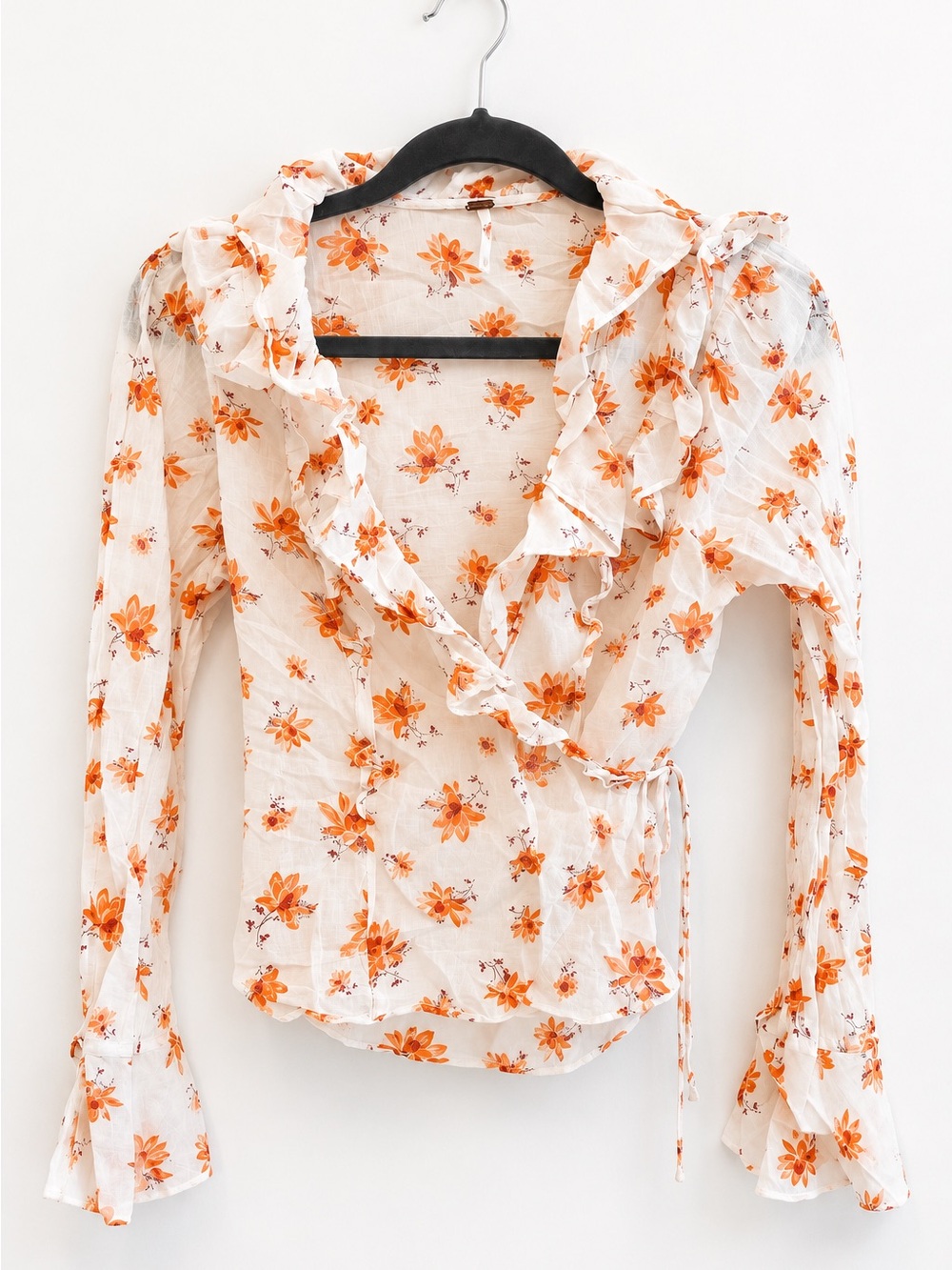 Free People - Floral Ruffle Wrap Blouse - Orange size M